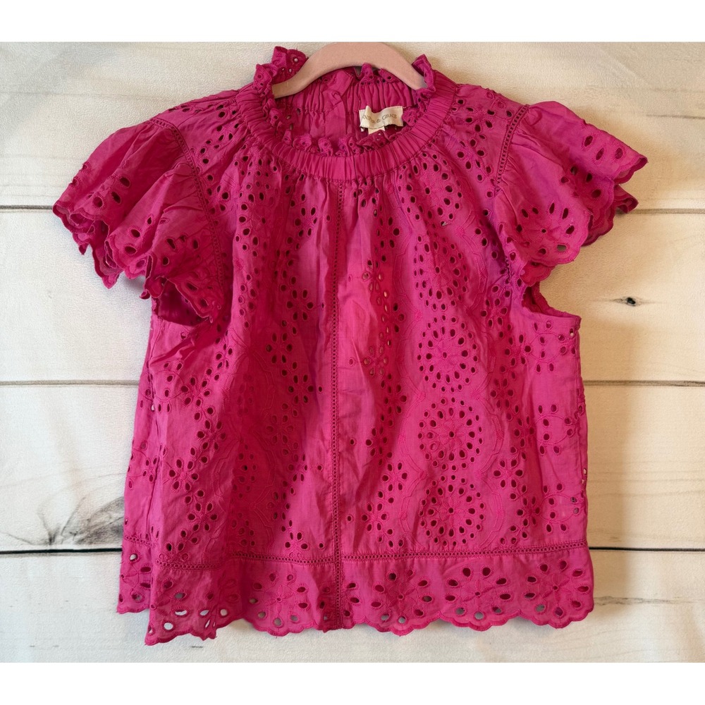 Jennifer & Grace Fuchsia Pink Eyelet Flutter Sleeve Button Back Top Small NEW